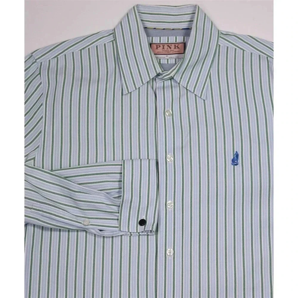 Thomas Pink Blue w/ Green/White Stripes Cotton Logo Button-Up Dress Shirt~ M